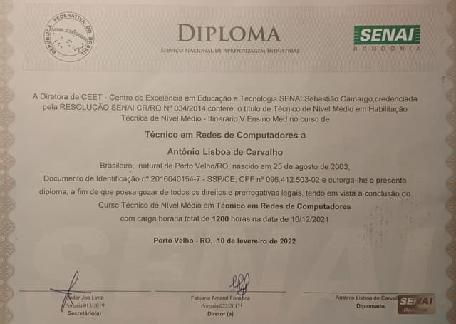 SENAI Rondônia technician diploma